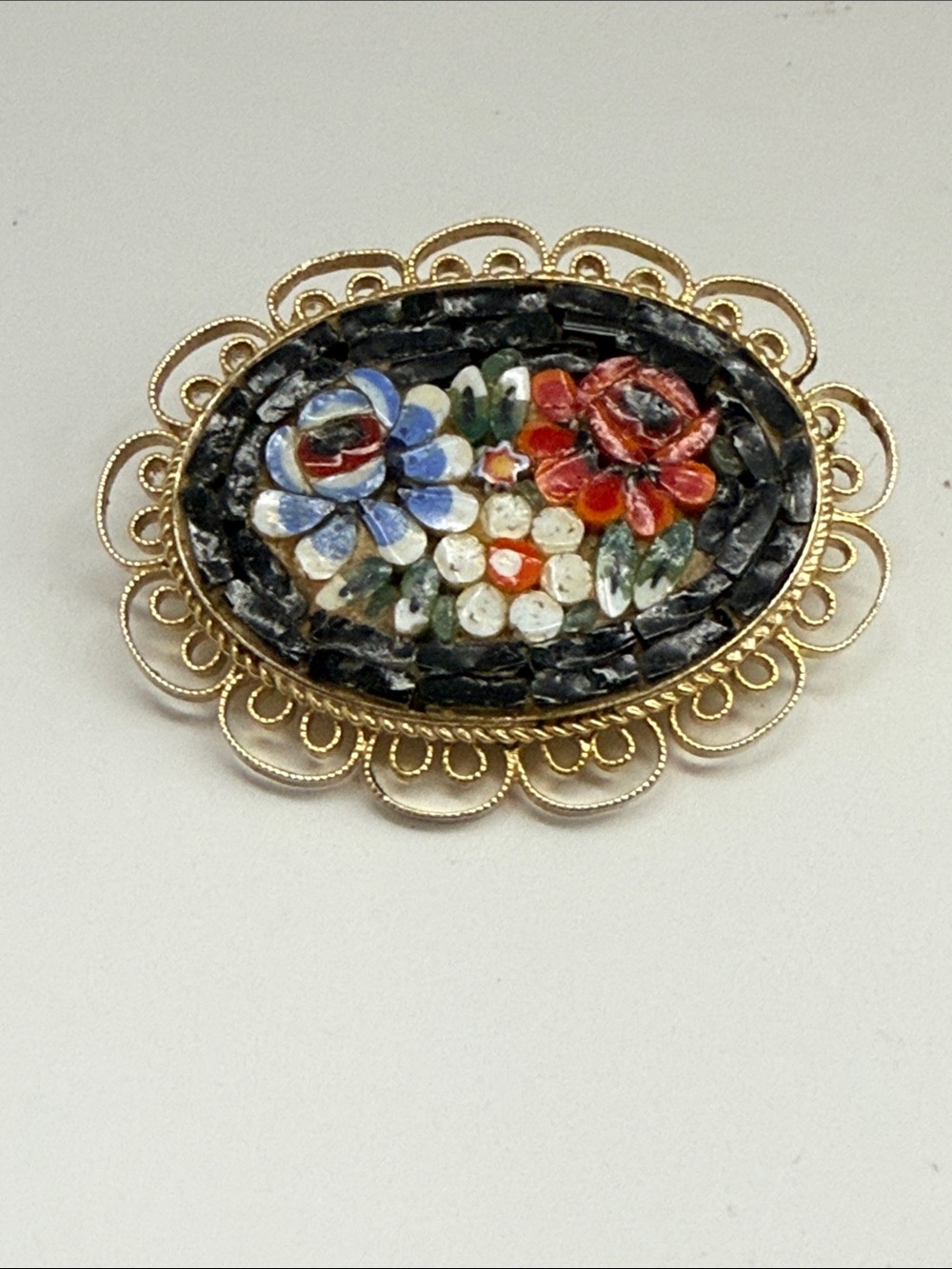 Vintage Gold-Tone Floral Micro-Mosaic Brooch - Blue & Red Flowers